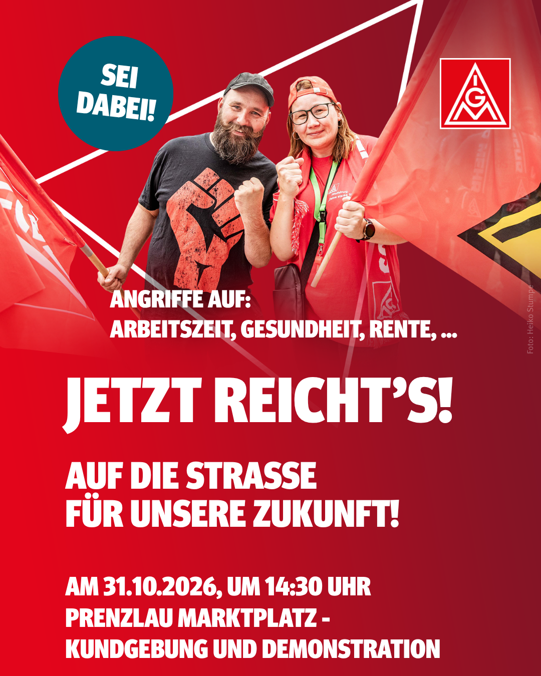 Plakat der IG Metall zur Demonstration in Prenzlau